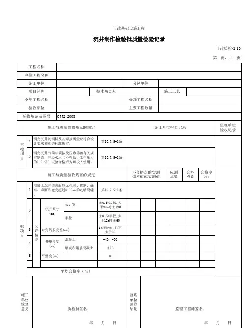 32016沉井制作检验批质量检验记录