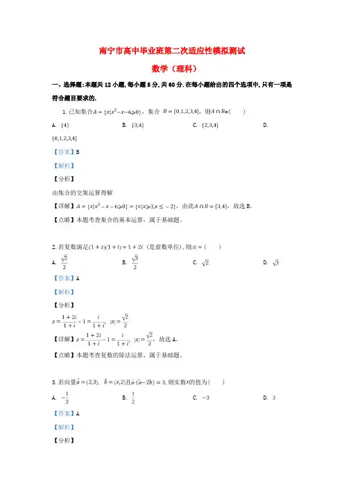广西南宁市2020届高三数学毕业班第二次适应性模拟测试试题 理(含解析)