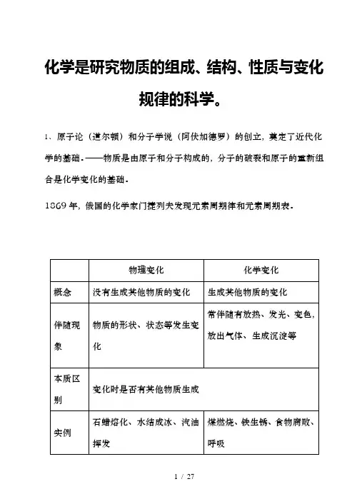 2015初三化学上册知识点总结复习非常详细