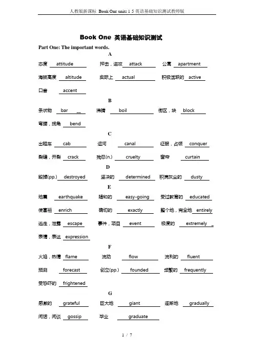 人教版新课标 Book One units 1-5英语基础知识测试教师版