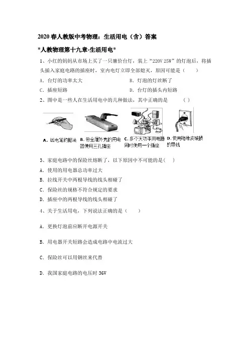 2020春人教版中考物理：生活用电  练习含答案