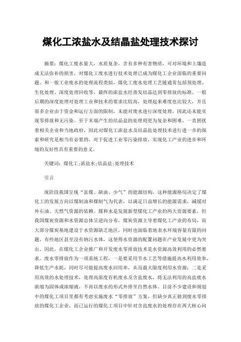 煤化工浓盐水及结晶盐处理技术探讨