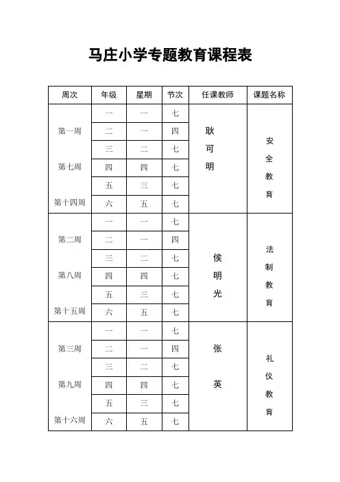 马庄小学专题教育课程表