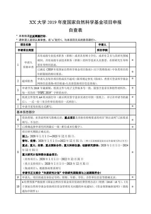 大学2019年度国家自然科学基金项目申报自查表【模板】