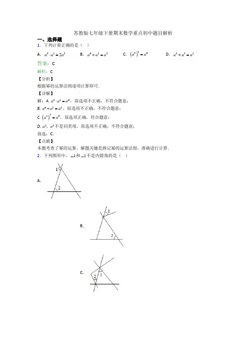 苏教版七年级下册期末数学重点初中题目解析
