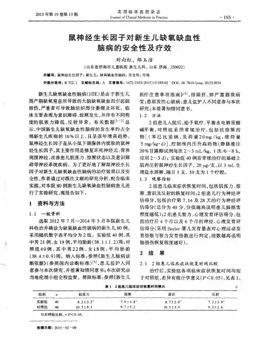 鼠神经生长因子对新生儿缺氧缺血性脑病的安全性及疗效
