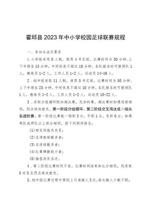霍邱县2023年中小学校园足球联赛规程