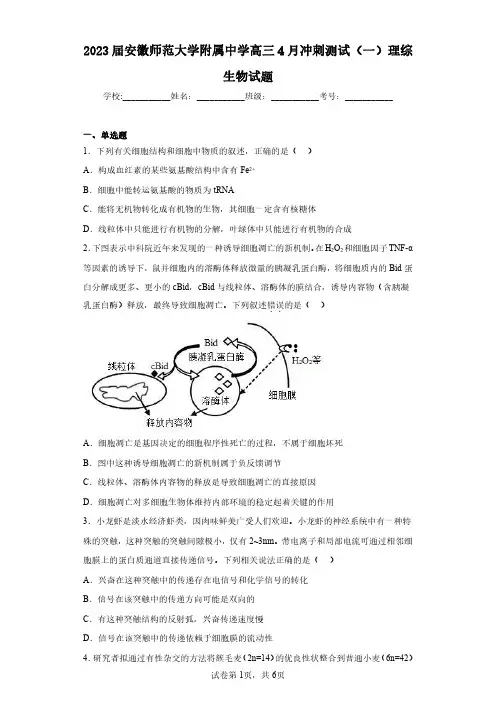 2023届安徽师范大学附属中学高三4月冲刺测试(一)理综生物试题(含答案解析)