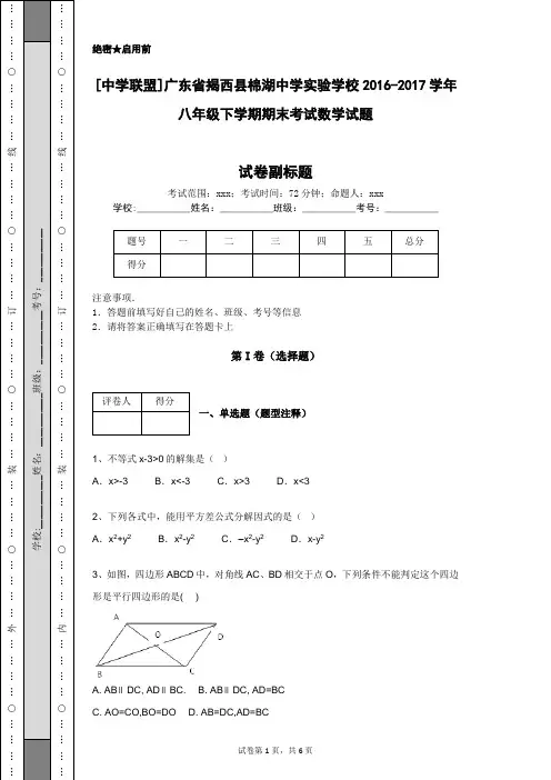 [中学联盟]广东省揭西县棉湖中学实验学校2016-2017学年八年级下学期期末考试数学试题