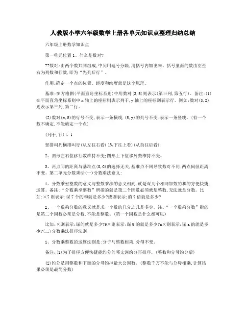 人教版小学六年级数学上册各单元知识点整理归纳总结