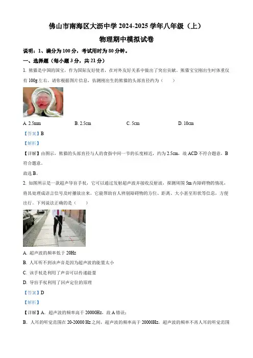 广东省佛山市南海区大沥中学2024-2025学年八年级上学期期中物理试题(解析版)
