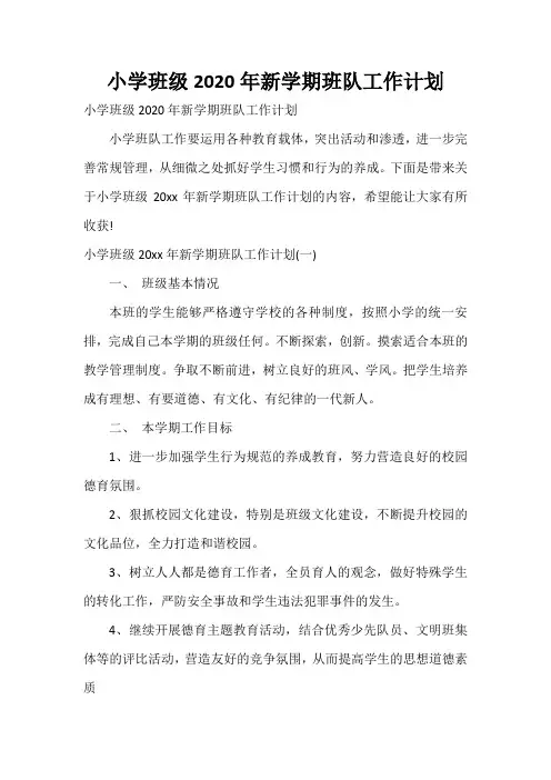  小学班级2020年新学期班队工作计划