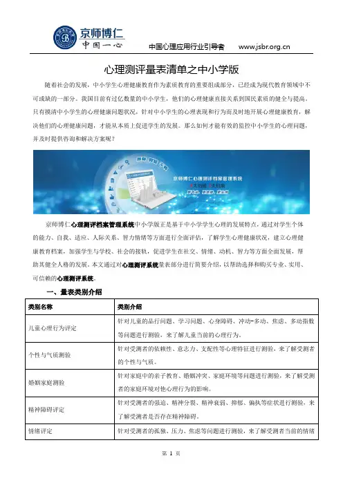 心理测评量表清单之中小学版