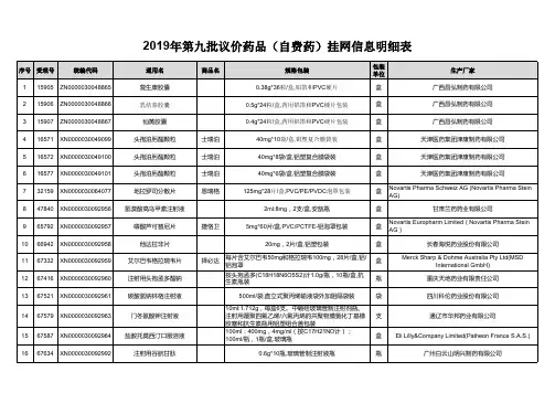 2019年第九批议价药品(自费药)挂网信息明细表