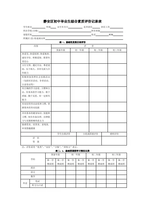 静安区初中毕业生综合素质评价记录表