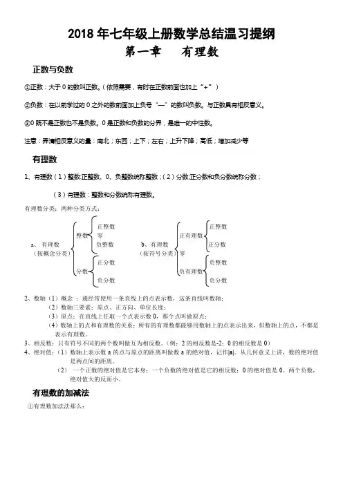 人教版2018年七年级上数学总结温习提纲(供参考)