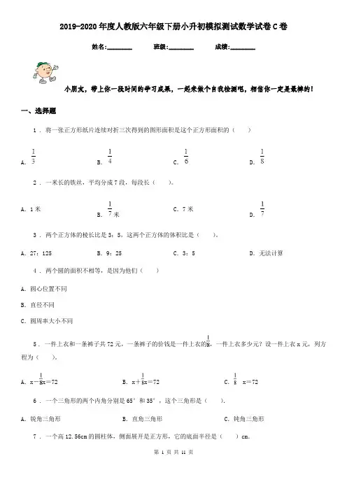 2019-2020年度人教版六年级下册小升初模拟测试数学试卷C卷