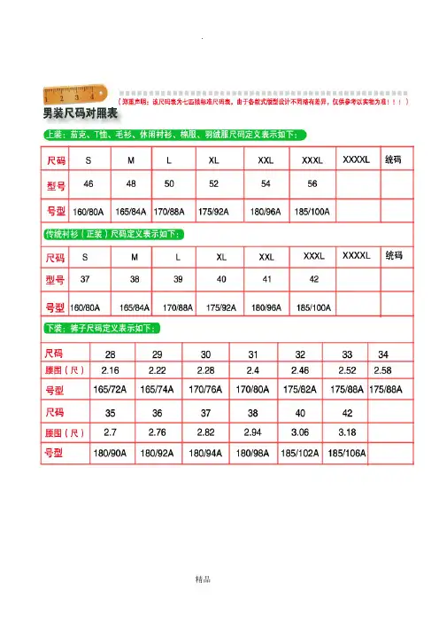 (完美)尺码对照表~衣服、裤子、鞋大小尺寸