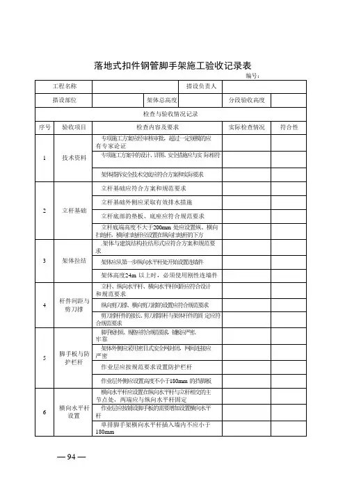 落地式扣件钢管脚手架施工验收记录表