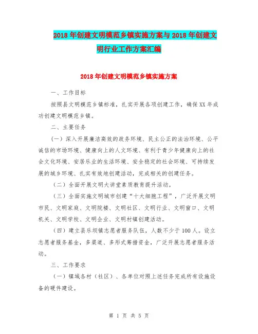 2018年创建文明模范乡镇实施方案与2018年创建文明行业工作方案汇编
