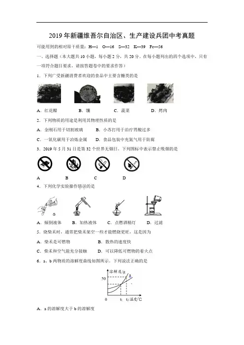 2019年中考化学试题-2019年新疆维吾尔自治区、生产建设兵团中考试题含答案详解