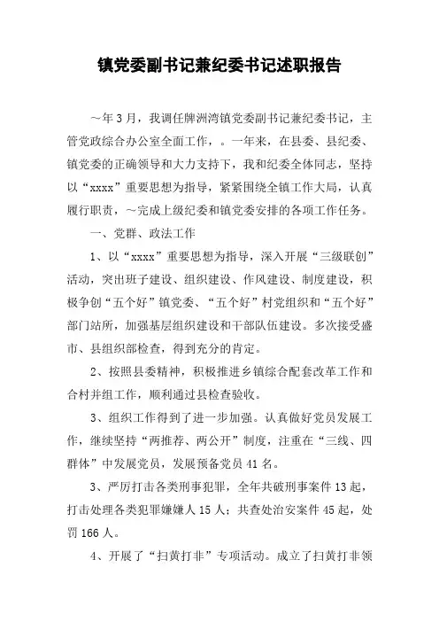 镇党委副书记兼纪委书记述职报告