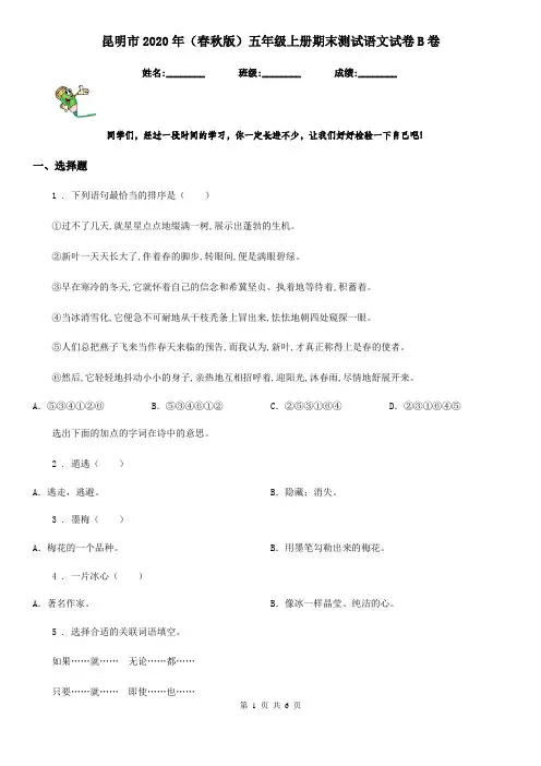 昆明市2020年(春秋版)五年级上册期末测试语文试卷B卷