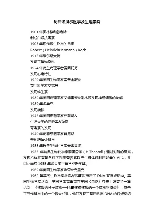 历届诺贝尔医学及生理学奖