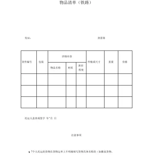 物品清单(铁路)