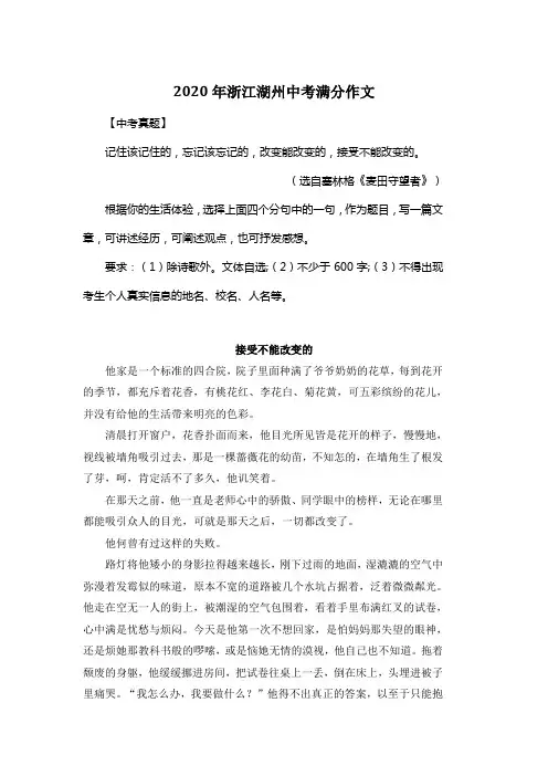 2020年浙江湖州中考满分作文《接受不能改变的》