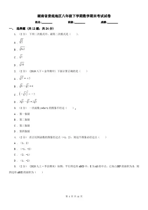 湖南省娄底地区八年级下学期数学期末考试试卷
