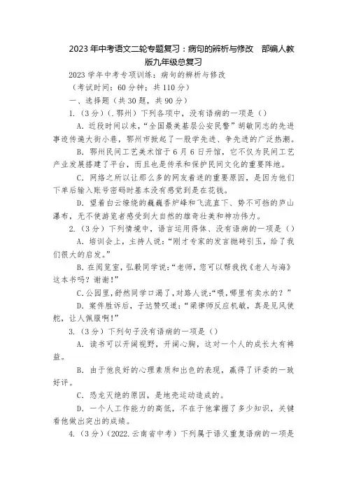 2023年中考语文二轮专题复习：病句的辨析与修改  部编人教版九年级总复习