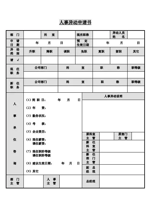 部门职员人事异动申请书