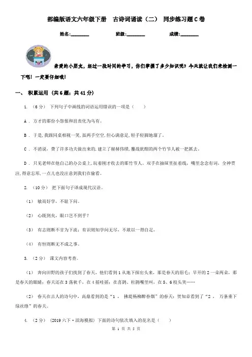 部编版语文六年级下册  古诗词诵读(二) 同步练习题C卷