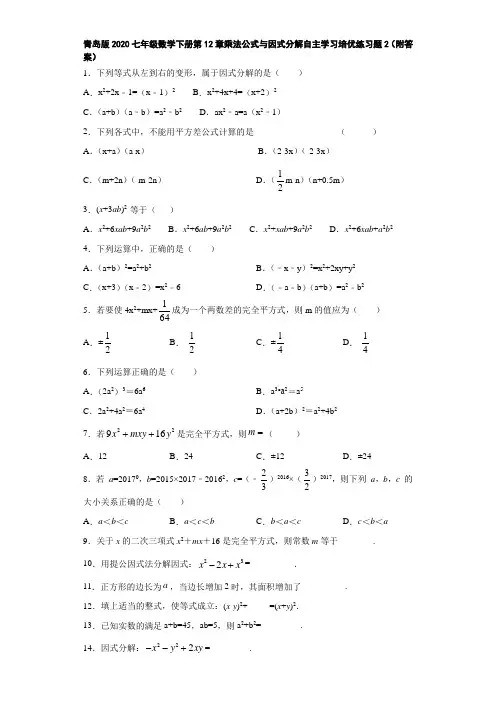 青岛版2020七年级数学下册第12章乘法公式与因式分解自主学习培优练习题2(附答案)