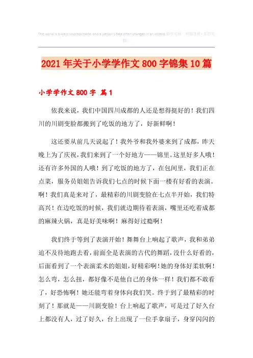 2021年关于小学学作文800字锦集10篇