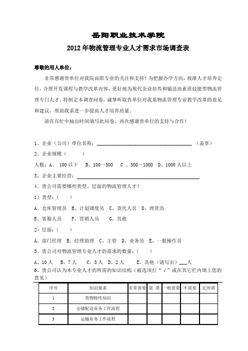 2012级物流管理专业人才需求调查表