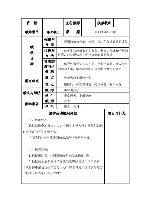 新人教版四年级数学上册《纵向条形统计图》教案表格式教案集体备课教案