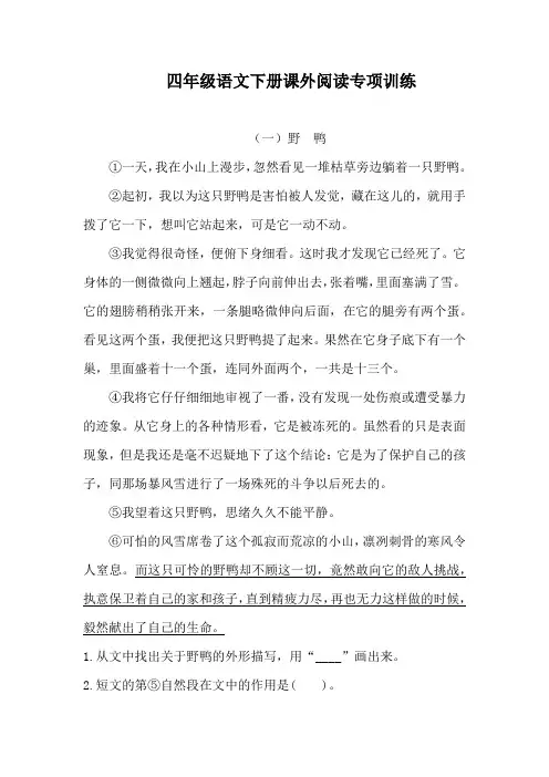 四年级语文下册练习题-课外阅读专项训练 人教统编版 (含答案)