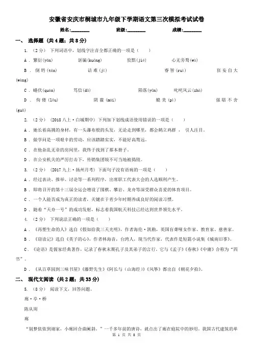 安徽省安庆市桐城市九年级下学期语文第三次模拟考试试卷