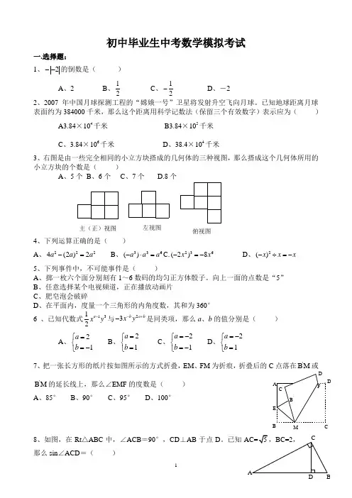 北师大版九年级数学中考模拟试题