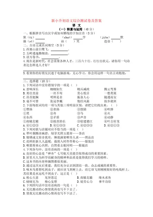 人教版小升初语文模拟试卷及参考答案