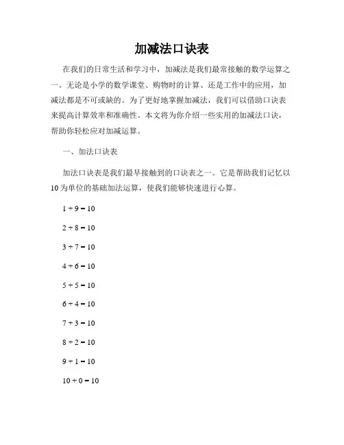 加减法口诀表