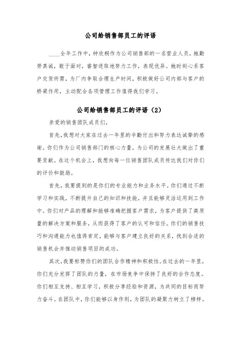 公司给销售部员工的评语（2篇）
