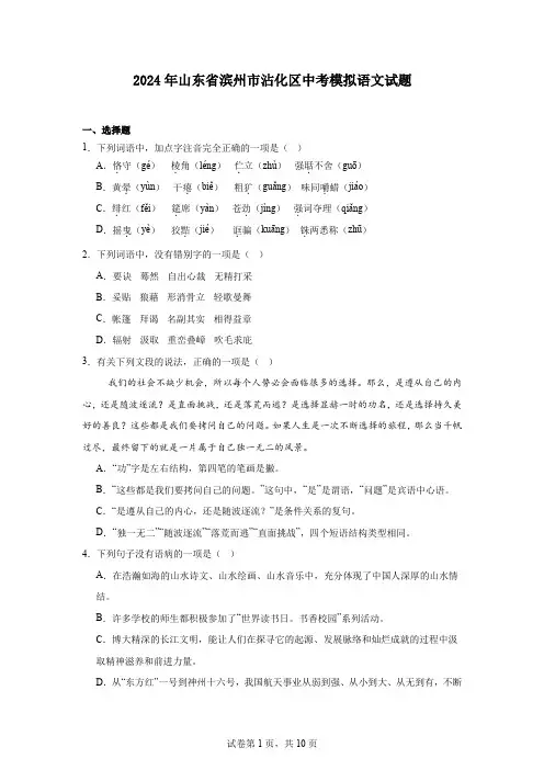 2024年山东省滨州市沾化区中考模拟语文试题