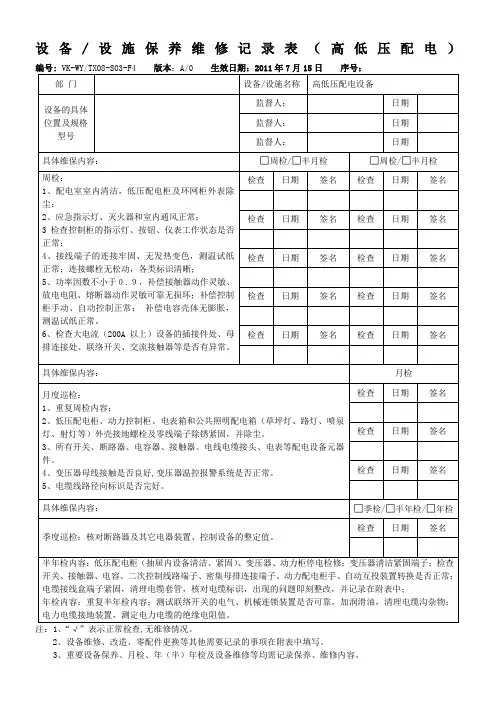 设备设施保养维修记录表(高低压配电)