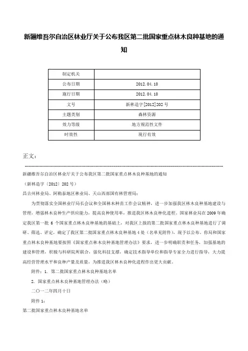 新疆维吾尔自治区林业厅关于公布我区第二批国家重点林木良种基地的通知-新林造字[2012]202号