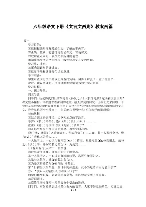 六年级语文下册《文言文两则》教案两篇
