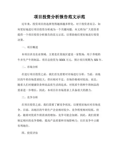 项目投资分析报告范文示范