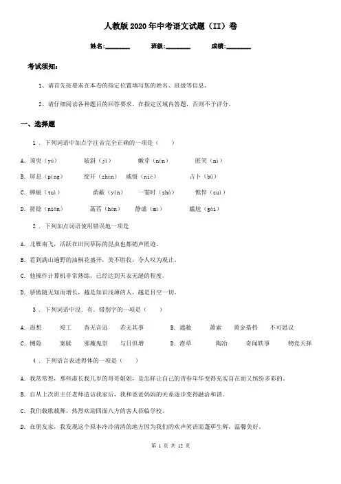 人教版2020年中考语文试题(II)卷(测试)